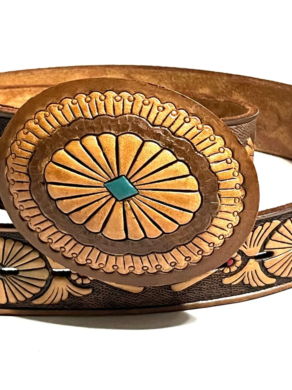 Sears Brown Vintage 70s Tooled Leather Belt with Turquoise Accent - Picture 2 of 8